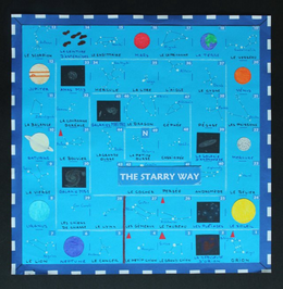 THE STARRY WAY , THE ENGLISH TRANSLATIONOF "BÉTELGEUSE" IN THE MARK IS "BETELGEUSE", THE WORDING "LA NÉBULEUSE D'ORION" MEANS "THE ORION NEBULA", THE WORDING "LE GRAND CHIEN" MEANS "THE GREAT DOG", THE WORDING "LE PETIT CHIEN" MEANS "THE LESSER DOG", THE WORDING "LE CANCER" MEANS "CANCER", THE WORDING "LE LION" MEANS "THE LION", THE WORDING "RÉGULUS" MEANS "REGULUS", THE WORDING "LA VIERGE" MEANS "THE MAIDEN", THE WORDING "SATURNE" MEANS "SATURN", THE WORDING "LA BALANCE" MEANS "THE SCALES", THE WORDING "LE SCORPION" MEANS "THE SCORPION",WORDING "ANTARÈS" MEANS "ANTARES", THE WORDING "LA CEINTURE D'ASTÉROÏDES" MEANS "THE ASTEROID BELT"THE WORDING "LE SAGITTAIRE" MEANS "SAGITTARIUS",, THE WORDING "LE CAPRICORNE" MEANS "CAPRICORN", THE WORDING "ALGÉDI" MEANS "ALGEDI", THE WORDING "LA TERRE" MEANS "THE EARTH", THE WORDING "LE VERSEAU" MEANS "THE WATER BEARER",THE WORDING "LES POISSONS" MEANS "THE FISHES", THE WORDING "MERCURE" MEANS "MERCURY", THE WORDING "LE BÉLIER" MEANS "THE RAM", THE WORDING "LE SOLEIL" MEANS "THE SUN", THE WORDING "LES PLÉIADES" MEANS "THE PLEIADES", THE WORDING "LE TAUREAU" MEANS "THE RAM" , THE WORDING "ALDÉBARAN" MEANS "ALDEBARAN", THE WORDING "LES GÉMEAUX" MEANS "THE TWINS", WORDING "LE LYNX" MEANS "THE LYNX",THE WORDING "LES CHIENS DE CHASSE" MEANS "THE HUNTING DOGS", THE WORDING "GALAXIE M 51" MEANS "GALAXY M 51", THE WORDING "LE BOUVIER" MEANS "THE HERDSMAN", THE WORDING "LA COURONNE BORÉALE" MEANS "THE NORTHERN CROWN", THE WORDING "AMAS M 13" MEANS "CLUSTER M 13", THE WORDING "HERCULE" MEANS "THE HERCULES", THE WORDING "LA LYRE" MEANS "THE LYRE", THE WORDING "VÉGA" MEANS "VEGA", THE WORDING "L'AIGLE" MEANS "THE EAGLE", THE WORDING "ALTAÏR" MEANS "ALTAIR", THE WORDING "LE CYGNE" MEANS "THE SWAN", THE WORDING "PÉGASE" MEANS "PEGASUS", THE WORDING "LA GALAXIE D'ANDROMÈDE" MEANS "THE ANDROMEDA GALAXY", THE WORDING "ANDROMÈDE" MEANS "ANDROMEDA", THE WORDING "PERSÉE" MEANS "THE HERO", THE WORDING "LE COCHER" MEANS "THE CHARIOTEER", THE WORDING "LA GRANDE OURSE" MEANS "THE GREAT BEAR", THE WORDING "GALAXIES M 81 M82" MEANS "GALAXIES M 81 M82", THE WORDING "LE DRAGON" MEANS "THE DRAGON", THE WORDING "ÉTAMIN" MEANS "ETAMIN", THE WORDING "CÉPHÉE" MEANS "THE KING", THE WORDING "CASSIOPÉE" MEANS "THE SEATED QUEEN", THE WORDING "SHÉDIR" MEANS "SHEDIR", THE WORDING "LA PETITE OURSE" MEANS "THE LESSER BEAR" trademark