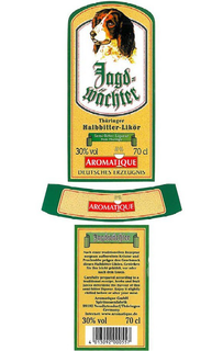 JAGD WÄCHTER  THÜRINGER HALBBITTER-LIKÖR SEMI-BITTER LIQUEUR FROM THÜRINGER  30% VOL 70CL AROMATIQUE  DEUTSCHES ERZEUGNIS AROMATIQUE JAGDWÄCHTER NACH EINER TRADITIONELLEN REZEPTUR SORGSAM AUFBEREITETE KRÄUTER UND FRUCHTSÄFTE PRÄGEN DEN GESCHMACK DIESES HALBBITTER-LIKÖRS, GENIEßEN SIE IHN LEICHT GEKÜHIT,  VOR ODER NACH DEM ESSEN CAREFULLY PREPARED ACCORDING TO A TRADITIONAL RECIPE, HERBS AND FRUIT JUICES DETERMINE THE FLAVOUR OF THIS SEMI-BITTER LIQUEUR. ENJOY IT SLIGHTLY CHILLED BEFORE OR AFTER YOUR MEAL.  AROMATIQUE GMBH SPIRITUOSENFABRIK 99192 NEUDIETENDORF/THURINGEN GERMANY INTERNET: WWW.AROMATIQUE.DE 30% VOL 70CL 4 013092 000557 trademark