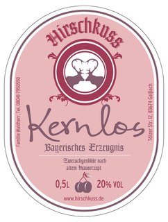 HIRSCHKUSS KERNLOS BAYERISCHES ERZEUGNIS ZWETSCHGENLIKÖR NACH ALTEM HAUSREZEPT 0,5 L 20% VOL WWW.HIRSCHKUSS.DE FAMILIE WALDHERR, TE. 08041-7950550 TÖLZER STR. 12, 83674 GAI?ACH trademark