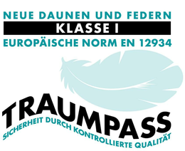 NEUE DAUNEN UND FEDERN KLASSE I EUROPÄISCHE NORM EN 12934 TRAUMPASS SICHERHEIT DURCH KONTROLLIERTE QUALITÄT trademark