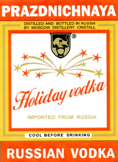 PRAZDNICHNAYA HOLIDAY VODKA RUSSIAN VODKA DISTILLED AND BOTTLED IN RUSSIA BY MOSCOW DISTILLERY CRISTALL IMPORTED FROM RUSSIA COOL BEFORE DRINKING trademark