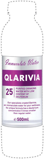QLARIVIA IMMACULATE WATER 25 PURIFIED DRINKING WATER WITH LOW CONTENT OF DEUTERIUM CUR SPECIALISTS CREATED QLARIVIA. AN IMMACULATE WATER FOR YOUR WELLNESS. ITS UNIQUE FORMULA HAS A DEUTERIUM CONCENTRATION 5 TIMES SMALLER THAN REGULAR WATER E 500ML trademark