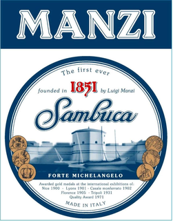 MANZI SAMBUCA AWARDED GOLD MEDALS AT THE INTERNATIONAL EXHIBITIONS OF NICE 1900 - LYONS 1901 - CASALE MONFERRATO 1902 - FLORENCE 1905 - TRIPOLI 1931 - QUALITY AWARD 1971 - MADE IN ITALY trademark