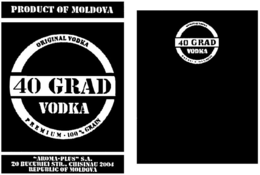 PRODUCT OF MOLDOVA 40 GRAD VODKA ORIGINAL VODKA PREMIUM · 100% GRAIN 20 "AROMA-PLUS" S. A. BUCURIEI STR. CHISINAU 2004 REPUBLIC OF MOLDOVA trademark