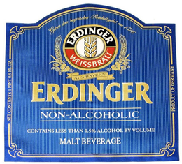 NET CONTENTS 1 PINT 0.9 FL.OZ. ERDINGER WEISSBRÄU GETREU DEM BAYERISCHEN REINHEITSGEBOT VON 1516 AUS BAYERN ERDINGER NON-ALCOHOLIC CONTAINS LESS THAN 0.5% ALCOHOL BY VOLUME MALT BEVERAGE PRODUCT OF GERMANY trademark
