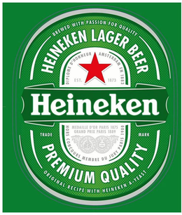 HEINEKEN LAGER BEER HEINEKEN PREMIUM QUALITY BREWED WITH PASSION FOR QUALITY DIPLOME D'HONNEUR AMSTERDAM EM 1883 EST. 1873 MEDAILLE D'OR PARIS 1875 GRAND PRIX PARIS 1889 HORS CONCOURS MEMBRE DU JURY PARIS 1900 trademark