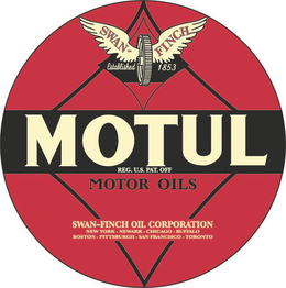 SWAN-FINCH ESTABLISHED 1853 MOTUL REG. U.S. PAT. OFF. MOTOR OILS SWAN-FINCH OIL CORPORATION NEW YORK, NEWARK, CHICAGO, BUFFALO, BOSTON, PITTSBURG, SAN FRANCISCO, TORONTO trademark