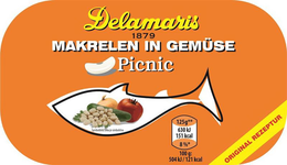 DELAMARIS 1879 MAKRELEN IN GEMÜSE PICNIC SYMBOLBILD/SLIKA JE SIMBOLICNA ORIGINAL REZEPTUR 125G** 630KJ 151 KCAL 8%* 100G: 504KJ/ 121 KCAL trademark