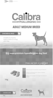 OPEN HERE ZIP SYSTEM CALIBRA HYPOALLERGENIC ADULT MEDIUM BREED CHICKEN & RICE COMPLETE DRY FOOD FOR MEDIUM BREED (10-30 KG) ADULT DOGS DRY SUPERPREMIUM HYPOALLERGENIC DOG FOOD FROM OUR VETS TO YOUR PETS BALANCED CONTENT OF NUTRIENTS FOR A LONG AND HEALTHY LIFE PREBIOTICS AND BETA-GLUCANS FOR SUPPORT OF INTESTINAL MICROFLORA AND IMMUNITY SALMON OIL AND SEA ALGAE RICH IN OMEGA-3 FOR HEALTHY SKIN AND COAT 3 KG CHICKEN & RICE trademark