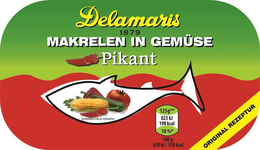 DELAMARIS 1879 MAKRELEN IN GEMÜSE PIKANT SYMBOLBILD / SLIKA JE SIMBOLICNA 125 G** 823 KJ 198 KCAL 10%* 100 G: 659 KJ / 158 KCAL ORIGINAL REZEPTUR trademark