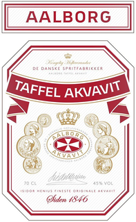 AALBORG KONGELIG HOFLEVERANDOR DE DANSKE SPRITFABRIKKER AALBORG TAFFEL AKVAVIT TAFFEL AKVAVIT KONGELIG HOFLEVERANDOR DE DANSKE SPRITFABRIKKER AALBORG KOBENHAVN AALBORG AKVAVIT 70 CL 45% VOL ISIDOR HENIUS FINESTE ORIGINALE AKVAVIT SIDEN 1846 trademark