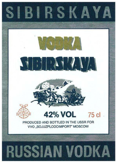 VODKA SIBIRSKAYA 42% VOL 75 CL PRODUCEDAND BOTTLED IN THE USSR FOR VVO SOJUZPLODOIMPORT MOSCOW trademark