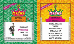 MAFAZ GUTKHA MAFAZ IT IS MORE DANGEROUSTHAN YOU THINK FOR EXPORT HEALTH WARNING USE OF TABACCO IS A MAJOR CAUSE OF MOUTH CANCER A DISEASE OF THE ILLINOIS, HEART & ARTERIES OIL MENTHOL NATURAL MIXED SPICES & ARTIFICIAL FLAVOURS CONTAINS ADDED FLAVOURS INGREDIENTS TOBACCO, LIME STONE WATER SMOKELESS TOBACCO TAX CLASS "C" FOR EXPORT TOBACCO READYMADE MAFAZ ONYO YA AFYA TOBAK HUSABABISHA SARATANI YA MOND, MAPAFU, MAGONJWA YA MOYO NA KIFO. MADE IN INDIA NOT FOR MINOR NET WT 10G 0.35 OZ EXPIRY BEST BEFORE WITHIN 12 MONTHS AFTER PACKAGING trademark