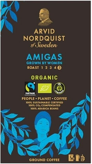 ARVID NORDQUIST OF SWEDEN AMIGAS GROWN BY WOMEN ORGANIC ROAST 12345 FAIRTRADE CO2 COMPENSATED PEOPLE PLANET COFFEE 100% SUSTAINABLE CERTIFIED 100 % CO2 COMPENSATED 100 % ARABICA BEANS GROUND COFFEE trademark