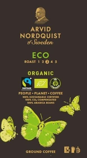 ARVID NORDQUIST OF SWEDEN ECO ROAST 1 2 3 4 5 ORGANIC FAIRTRADE CO2 COMPENSATED PEOPLE PLANET COFFEE 100% SUSTAINABLE CERTIFIED 100% CO2 COMPENSATED 100% ARABICA BEANS GROUND COFFEE trademark