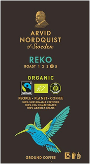 ARVID NORDQUIST OF SWEDEN REKO ROAST 1 2 3 4 5 ORGANIC FAIRTRADE CO2 COMPENSATED PEOPLE PLANET COFFEE 100% SUSTAINABLE CERTIFIED 100% CO2 COMPENSATED 100% ARABICA BEANS GROUND COFFEE trademark