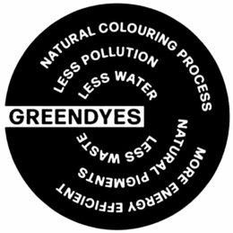 NATURAL COLOURING PROCESS LESS POLLUTION LESS WATER GREENDYES LESS WASTE NATURAL PIGMENTS MORE ENERGY EFFICIENT trademark