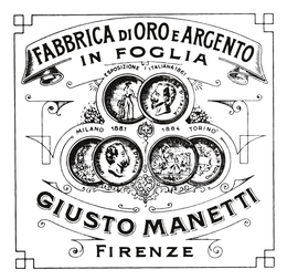 FABBRICA DI ORO E ARGENTO IN FOGLIA ESPOSIZIONE ITALIANA 1861 MILANO 1881 1884 TORINO GIUSTO MANETTI FIRENZE trademark
