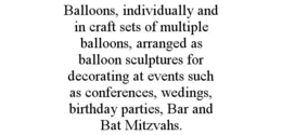 BALLOONS, INDIVIDUALLY AND IN CRAFT SETS OF MULTIPLE BALLOONS, ARRANGED AS BALLOON SCULPTURES FOR DECORATING AT EVENTS SUCH AS CONFERENCES, WEDINGS, BIRTHDAY PARTIES, BAR AND BAT MITZVAHS. trademark