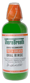 NATURALLY OXYGENATING THERA BREATH PROFESSIONAL FORMULA DENTIST RECOMMENDED FRESH BREATH ORAL RINSE 24 HR FRESH BREATH CONFIDENCE GUARANTEED WORKS INSTANTLY · REVERSES DRY MOUTH NO ALCOHOL · NON BURNING DR. HAROLD KATZ MILD FLAVOR #1 FRESH BREATH FORMULA trademark