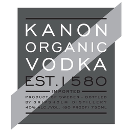 KANON ORGANIC VODKA EST. 1580 IMPORTED PRODUCT OF SWEDEN BOTTLED BY GRIPSHOLM DISTILLERY 40 % ALC./VOL. (80 PROOF) 750ML trademark