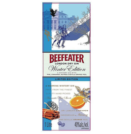 BEEFEATER LONDON DRY GIN WINTER EDITION A WINTERY GIN WITH PINE, CINNAMON, NUTMEG & SEVILLE ORANGE PEEL LIMITED EDITION A WARMING WINTRY GIN MADE FROM THE FINEST QUALITY HAND PICKED AROMATIC PINE SHOOTS SRI LANKAN CINNAMON INDONESIAN NUTMEG AND SEVILLE ORANGE PEEL 1 LITRE 40% ALC./VOL. 2FKF6002 trademark