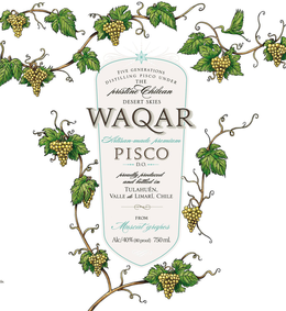 FIVE GENERATIONS DISTILLING PISCO UNDERTHE PRISTINE CHILEAN DESERT SKIES WAQAR ARTISAN-MADE PREMIUM PISCO D.O. PROUDLY PRODUCED AND BOTTLED IN TULAHUEN. VALLE DE LIMARI, CHILE FROM MUSCAT GRAPES ALC/40% (80 PROOF) 750 ML trademark
