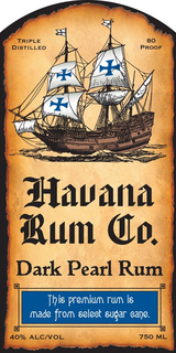 HAVANA RUM CO. DARK PEARL RUM THIS PREMIUM RUM IS MADE FROM SELECT SUGAR CANE. TRIPLE DISTILLED 80 PROOF 40% ALC/VOL 750 ML trademark