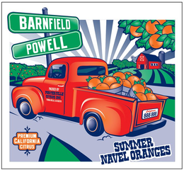 BARNFIELD POWELL PACKED BY PORTERVILLE CITRUS INC. TERRA BELLA, CA 93270 CALIFORNIA 888 888 PREMIUM CALIFORNIA CITRUS SUMMER NAVEL ORANGES trademark