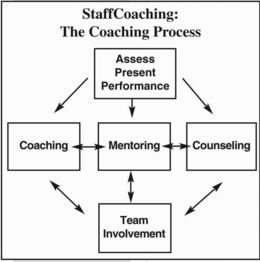 STAFFCOACHING: THE COACHING PROCESS ASSESS PRESENT PERFORMANCE COACHING MENTORING COUNSELING TEAM INVOLVEMENT trademark