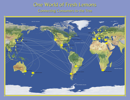 ONE WORLD OF FRESH LEMONS CONNECTING CONSUMERS TO THE TREE" AND "ARCTIC OCEAN, PACIFIC OCEAN, ATLANTIC OCEAN, SOUTHERN OCEAN, INDIAN OCEAN, ASIA, AUSTRALIA, NORTH AMERICA, SOUTH AMERICA, AFRICA, EUROPE, SENDAI, JAPAN, SEOUL, KOREA, TOKYO, JAPAN, SHANGHAI, CHINA, HONG KONG, CHINA, TAIWAN, MANILA, PHILIPPINES, BANGKOK, THAILAND, SIDNEY, AUSTRALIA, AUCKLAND, NEW ZEALAND, SEWARD, ALASKA, KETCHIKAN, ALASKA, SEATTLE, WASHINGTON, SANTA PAULA, CALIFORNIA, LOS ANGELES, MONTERREY, MEXICO, CHICAGO, ILLINOIS, MONTREAL, QUEBEC, CANADA, NEW YORK, NY, WASHINGTON DC, MIAMI, FLORIDA, TUCUMAN, ARGENTINA, BUENOS AIRES, ARGENTINA, SANTIAGO, CHILE, CAPE TOWN, SOUTH AFRICA, ISRAEL, KONYA, TURKEY, NAPLES, ITALY, VALENCIA SPAIN, PARIS, FRANCE, BIRMINGHAM, UK, FRANKFURT, GERMANY, OSLO, NORWAY, STOCKHOLM, SWEDEN, WARSAW, POLAND, ST. PETERSBURG, RUSSIA, AND MOSCOW, RUSSIA trademark
