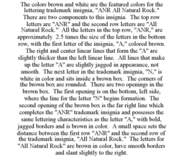 THE COLORS BROWN AND WHITE ARE THE FEATURED COLORS FOR THE LETTERING TRADEMARK INSIGNIA, "ANR ALL NATURAL ROCK." THERE ARE TWO COMPONENTS TO THIS INSIGNIA. THE TOP ROW LETTERS ARE "ANR" AND THE SECOND ROW LETTERS ARE "ALL NATURAL ROCK." ALL THE LETTERS IN THE TOP ROW, "ANR," ARE APPROXIMATELY 2.5 TIMES THE SIZE OF THE LETTERS IN THE BOTTOM ROW, WITH THE FIRST LETTER OF THE INSIGNIA, "A," COLORED BROWN. THE RIGHT AND CENTER LINEAR LINES THAT FORM THE "A" ARE SLIGHTLY THICKER THAN THE LEFT LINEAR LINE. ALL LINES THAT MAKE UP THE LETTER "A" ARE SLIGHTLY JAGGED IN APPEARANCE, NOT SMOOTH. THE NEXT LETTER IN THE TRADEMARK INSIGNIA, "N," IS WHITE IN COLOR AND SITS INSIDE A BROWN BOX. THE CORNERS OF THE BROWN BOX ARE ROUNDED. THERE ARE TWO OPENINGS IN THE BROWN BOX. THE FIRST OPENING IS ON THE BOTTOM, LEFT SIDE, WHERE THE LINE FOR THE LETTER "N" BEGINS FORMATION. THE SECOND OPENING OF THE BROWN BOX IS THE FAR RIGHT LINE WHICH COMPLETES THE "ANR" TRADEMARK INSIGNIA AND POSSESSES THE SAME LETTERING CHARACTERISTICS AS THE LETTER "A," WITH BOLD, JAGGED BORDERS AND IS BROWN IN COLOR. A SMALL SPACE SETS THE DISTANCE BETWEEN THE FIRST ROW "ANR" AND THE SECOND ROW OF THE TRADEMARK INSIGNIA, "ALL NATURAL ROCK." THE LETTERS FOR "ALL NATURAL ROCK" ARE BROWN IN COLOR, HAVE SMOOTH BORDERS AND SLANT SLIGHTLY TO THE RIGHT. trademark