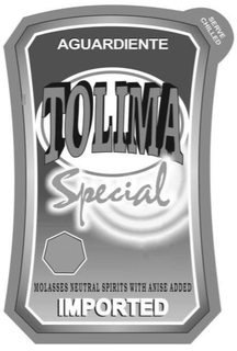 AGUARDIENTE TOLIMA SPECIAL IMPORTED MOLASSES NEUTRAL SPIRITS WITH ANISE ADDED SERVE CHILLED trademark