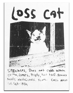 LOSS CAT SPECKLES, DOES NOT CALL WHEN COME, LIMPS, DIRTY, NOT TAG. REWARD NEEDS MEDICINES. FOAM. CALL WARD 404-539-1839 trademark
