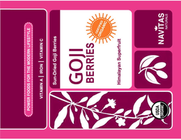 POWER FOODS FOR THE MODERN LIFESTYLE VITAMIN A IRON VITAMIN C SUN-DRIED GOJI BERRIES GOJI BERRIES HIMALAYAN SUPERFRUIT NAVITAS NATURALS CERTIFIED ORGANIC USDA ORGANIC trademark