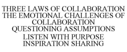 THREE LAWS OF COLLABORATION THE EMOTIONAL CHALLENGES OF COLLABORATION QUESTIONING ASSUMPTIONS LISTEN WITH PURPOSE INSPIRATION SHARING trademark