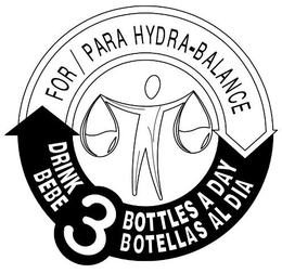 DRINK 3 BOTTLES A DAY, BEBE 3 BOTELLAS AL DIA, FOR / PARA HYDRA-BALANCE trademark