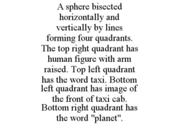 A SPHERE BISECTED HORIZONTALLY AND VERTICALLY BY LINES FORMING FOUR QUADRANTS. THE TOP RIGHT QUADRANT HAS HUMAN FIGURE WITH ARM RAISED. TOP LEFT QUADRANT HAS THE WORD TAXI. BOTTOM LEFT QUADRANT HAS IMAGE OF THE FRONT OF TAXI CAB. BOTTOM RIGHT QUADRANT HAS THE WORD "PLANET". trademark