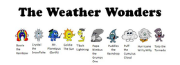 THE WEATHER WONDERS BOWIE THE RAINBOW CRYSTAL THE SNOWFLAKE MR. PLANETPUS (EARTH) GOLDIE THE SUN T'BOLT LIGHTNING PAPA NIMBUS THE GRUMPY ONE PUDDLES THE RAINDROP PUFF THE CUMULUS CLOUD HURRICANE WILLY WILLY TOTO THE TORNADO trademark