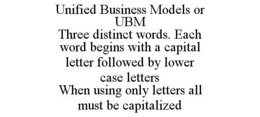 UNIFIED BUSINESS MODELS OR UBM THREE DISTINCT WORDS. EACH WORD BEGINS WITH A CAPITAL LETTER FOLLOWED BY LOWER CASE LETTERS WHEN USING ONLY LETTERS ALL MUST BE CAPITALIZED trademark