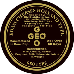 GEO GEO EDAM CHEESES HOLLAND TYPE IMPORTS BY: HM DISTRIBUTOR INC. 19 HARDING PLACE LITTLE FERRY, NJ 07643 CL - (646) 942-2107 FAX (201) 440-1105 MANUFACTURED IN DOM. REP. AGED OVER 60 DAYS INGREDIENTS: MILK, CULTURE, RENNET, ENZYMES, SALT, NATURAL ACHIOTE." BELOW THAT, THE WORDS "R. WEIGHT GEO TYPE trademark
