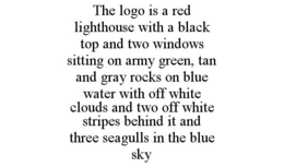 THE LOGO IS A RED LIGHTHOUSE WITH A BLACK TOP AND TWO WINDOWS SITTING ON ARMY GREEN, TAN AND GRAY ROCKS ON BLUE WATER WITH OFF WHITE CLOUDS AND TWO OFF WHITE STRIPES BEHIND IT AND THREE SEAGULLS IN THE BLUE SKY trademark