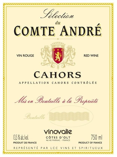 SELECTION DU COMTE ANDRÉ VIN ROUGE RED WINE CAHORS APPELLATION CAHORS CONTRÔLÉE MIS EN BOUTEILLE Á LA PROPRIÉTÉ BOUTEILLE VINOVALIE CÔTES D ' OLT 46140 PARNAC · FRANCE 13,5% ALC/VOL. 750ML PRODUCT OF FRANCE REPRÉSENTÉ PAR LCC VINS ET SPIRITUEUX trademark