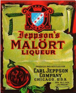 JEPPSON'S MALÖRT LIQUEUR PRODUCED AND BOTTLED FOR CARL JEPPSON COMPANY CHICAGO, U.S.A. 35% ALC./VOL. (70 PROOF) trademark