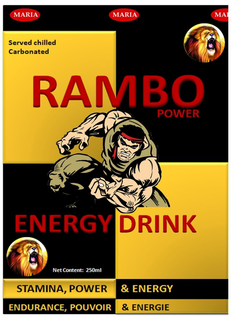 RAMBO POWER ENERGY DRINK MARIA STAMINA, POWER & ENERGY ENDURANCE, POUVOIR & ENERGIE SERVED CHILLED CARBONATED trademark