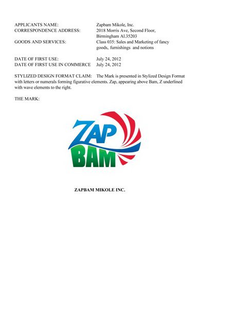 THE WORD ZAP UNDERLINED WITH WAVE ELEMENTS TO THE RIGHT SIDE ABOVE THE WORD BAM trademark