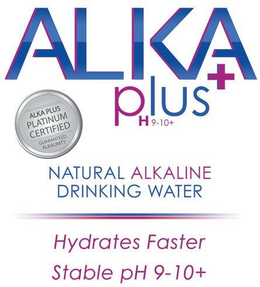 ALKA PLUS H9-10+ ALKA PLUS PLATINUM CERTIFIED GUARANTEED AKLALINITY NATURAL ALKALINE DRINKING WATER HYDRATES FASTER STABLE PH 9-10+ trademark