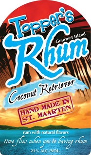 TOPPER'S RHUM GOURMET ISLAND COCONUT RETRIEVER HAND MADE IN ST. MAARTEN RUM WITH NATURAL FLAVORS TIME FLIES WHEN YOU'RE HAVING RHUM 21% ALC./VOL. trademark