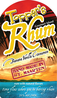 TOPPER'S RHUM GOURMET ISLAND BANANA VANILLA CINNAMON HAND MADE IN ST. MAARTEN RUM WITH NATURAL FLAVORS TIME FLIES WHEN YOU'RE HAVING RHUM 21% ALC./VOL. trademark