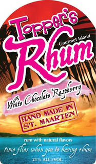 TOPPER'S RHUM GOURMET ISLAND WHITE CHOCOLATE RASBERRY HAND MADE IN ST. MAARTEN RUM WITH NATURAL FLAVORS TIME FLIES WHEN YOU'RE HAVING RHUM 21% ALC./VOL. trademark